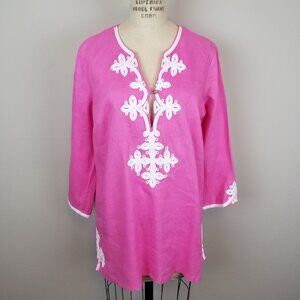 Hot Pink 3/4 Sleeve Linen Tunic Blouse with White Braid Detail Size Large